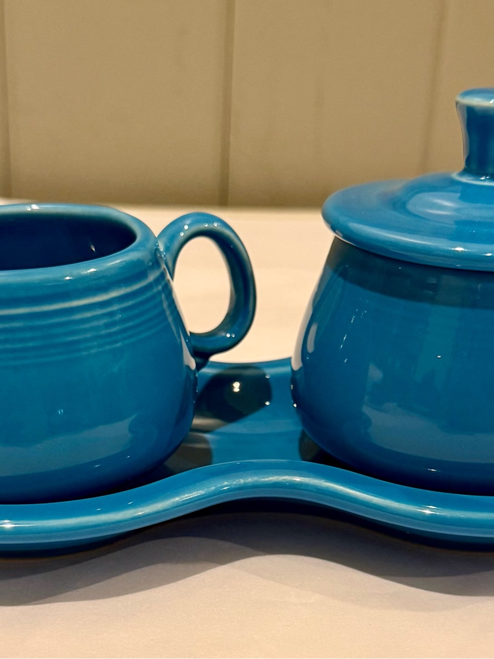 Fiesta Turquoise Sugar Creamer Set w/ Figure 8 Tray 4 Piece HLC Fiestaware USA